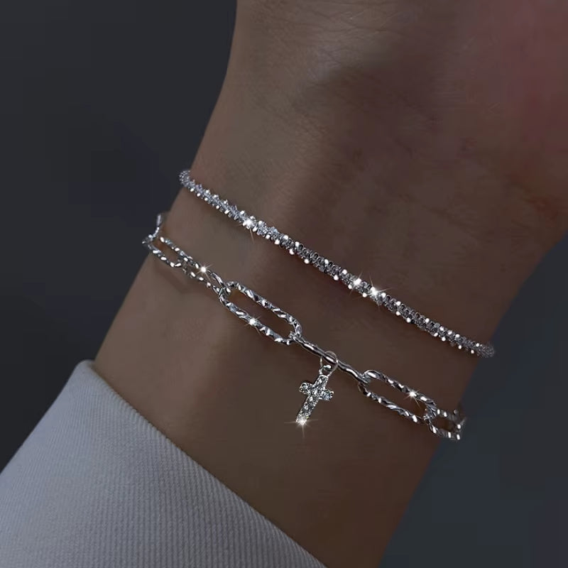 Sparkling Bracelet for Women Double-Deck Silver Color Adjustable Hand Chain Fine Fashion Jewelry Wedding Party Gift Accessories