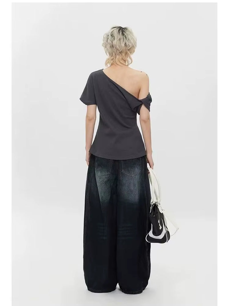 Streetwear Oversized T-Shirt Summer Vintage Print Casual Off-Shoulder Loose Short Sleeve Tee Shirts Y2K Aesthetic Women Clothing