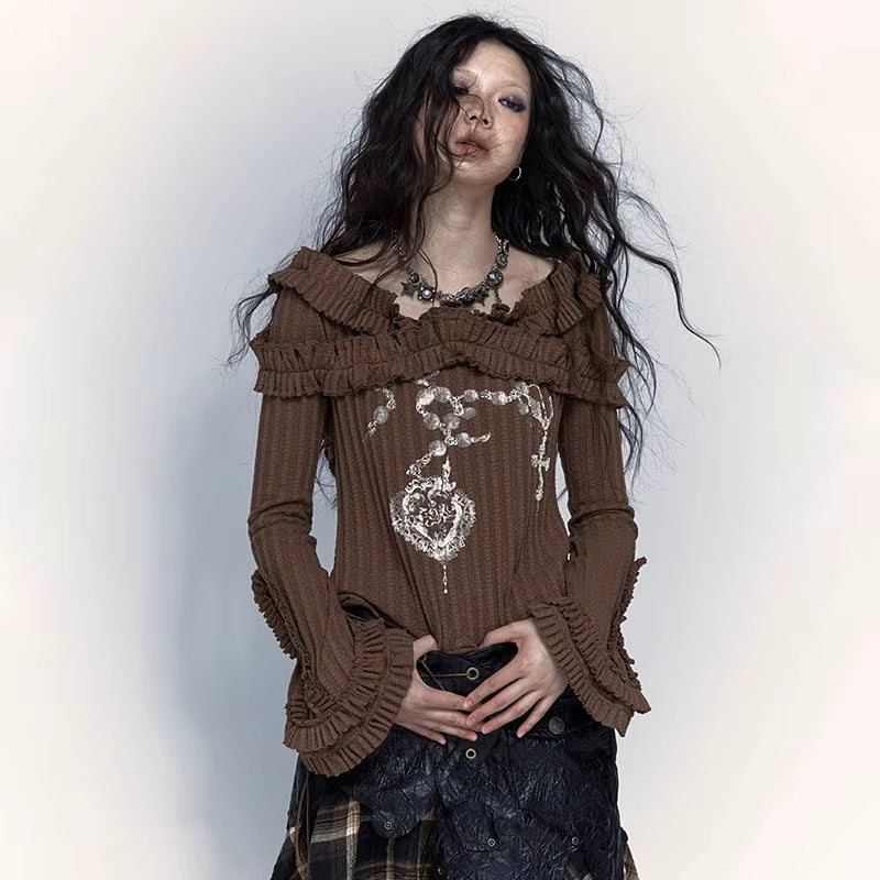 Karrcat Vintage Off-Shoulder Grunge Knitted Tee - Gothic Tattoo Print Wasteland Punk Black Ribbed Top