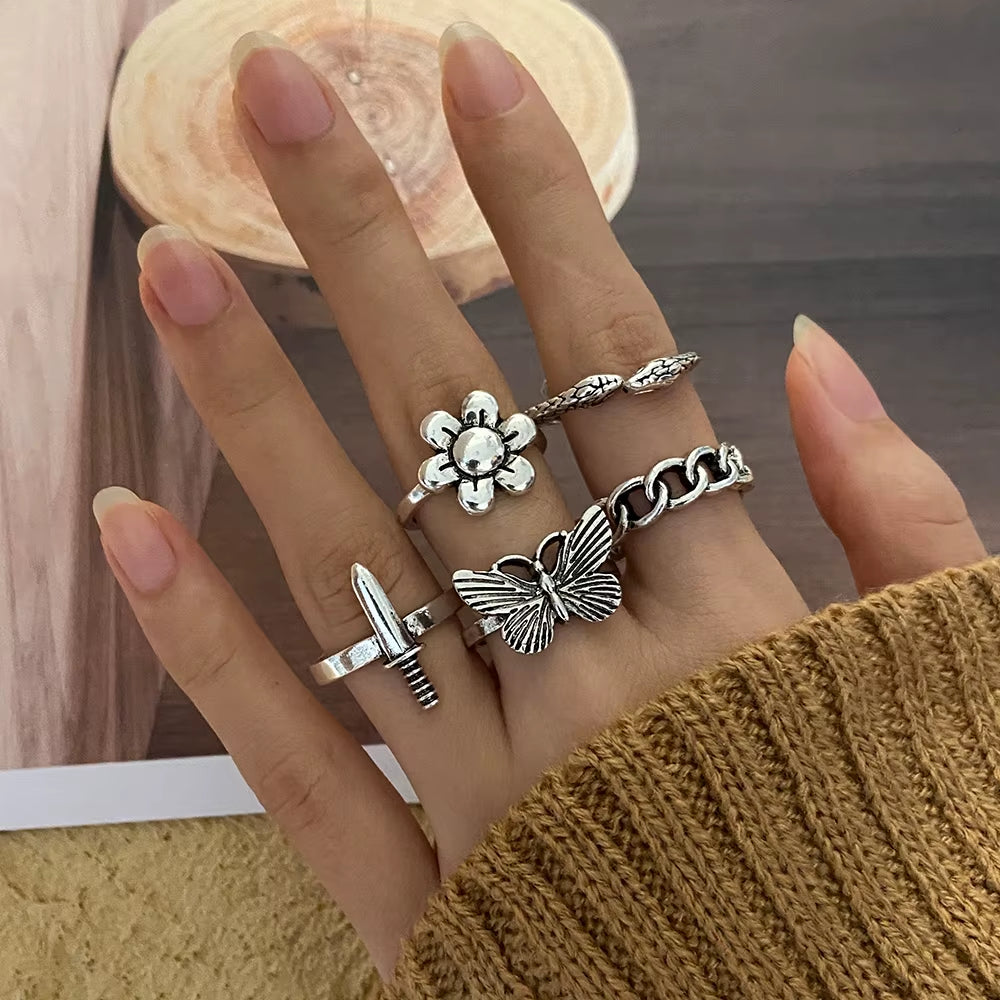 Vintage Gothic Butterfly Poker Sword Multi Element Ring Set for Women European and American Retro Personality Finger Ring Gifts