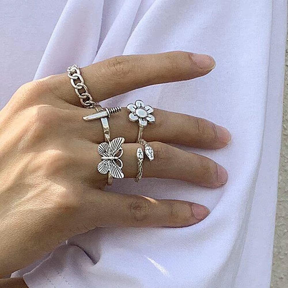 Vintage Gothic Butterfly Poker Sword Multi Element Ring Set for Women European and American Retro Personality Finger Ring Gifts