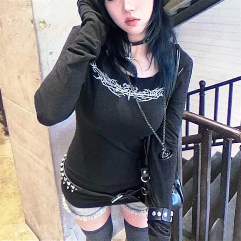 Goth Aesthetic Geometric Print Women'S Long Sleeve T-Shirt Sexy Slim Chic Casual Crop Tee Punk Rock Hip Hop Emo Girls Streetwear