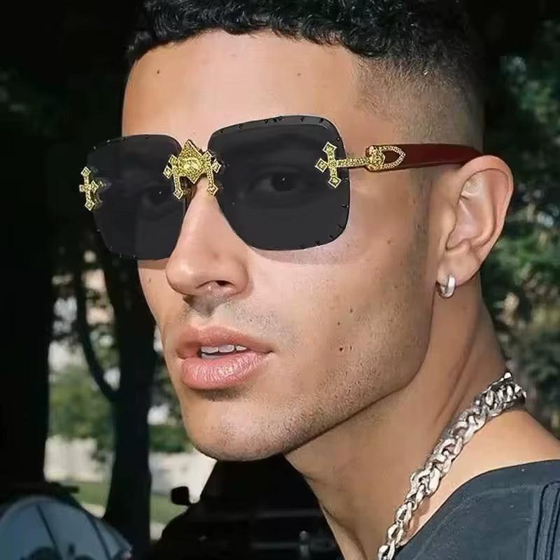 Vintage Rimless Square Cutting Lens Sunglasses Women for Men Luxury Brand Designer Popular Punk Fashion Diamond Cross Sun Glass