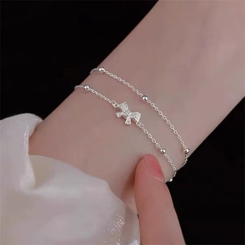 Sparkling Bracelet for Women Double-Deck Silver Color Adjustable Hand Chain Fine Fashion Jewelry Wedding Party Gift Accessories