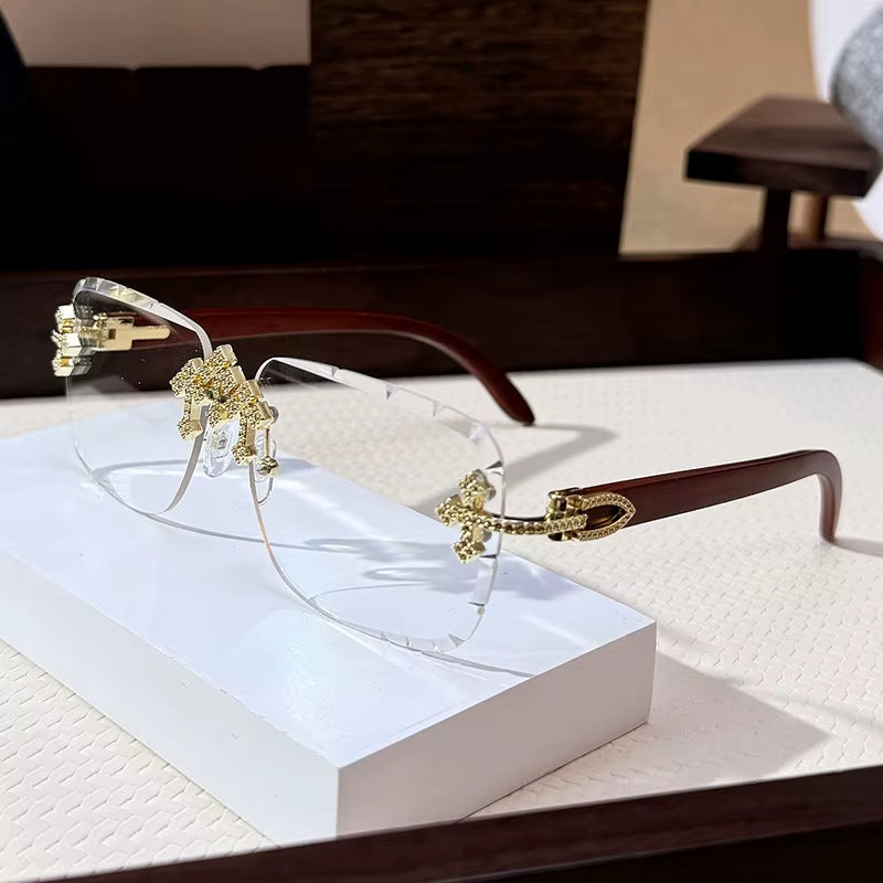 Vintage Rimless Square Cutting Lens Sunglasses Women for Men Luxury Brand Designer Popular Punk Fashion Diamond Cross Sun Glass