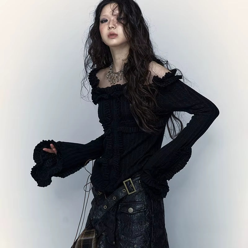 Karrcat Vintage Off-Shoulder Grunge Knitted Tee - Gothic Tattoo Print Wasteland Punk Black Ribbed Top