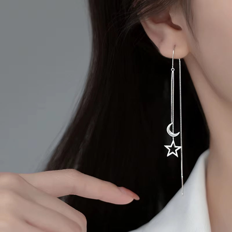 2024 Trendy Long Wire Tassel Thread Chain Climb Star Heart Beads Pendants Drop Earrings Women'S Rhinestone Accessories Jewelry