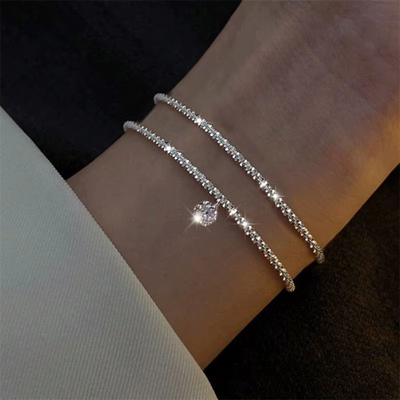 Sparkling Bracelet for Women Double-Deck Silver Color Adjustable Hand Chain Fine Fashion Jewelry Wedding Party Gift Accessories
