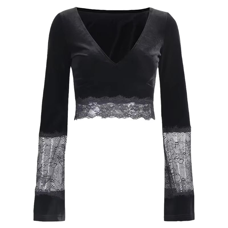 Mall Gothic Y2K Sexy Lace T Shirts Women Long Sleeve Black Vintage Spring Crop Top Velvet Streetwear Grunge Basic Tops