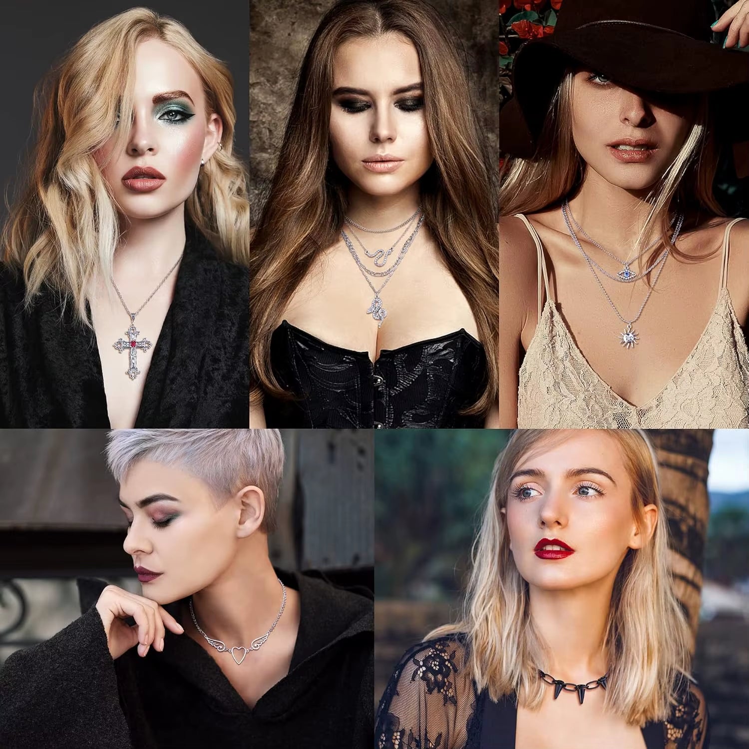 12PCS Gothic Grunge Necklace Set for Women - Cross, Saturn, Thorns, Angel Heart & Wing Chokers for Halloween