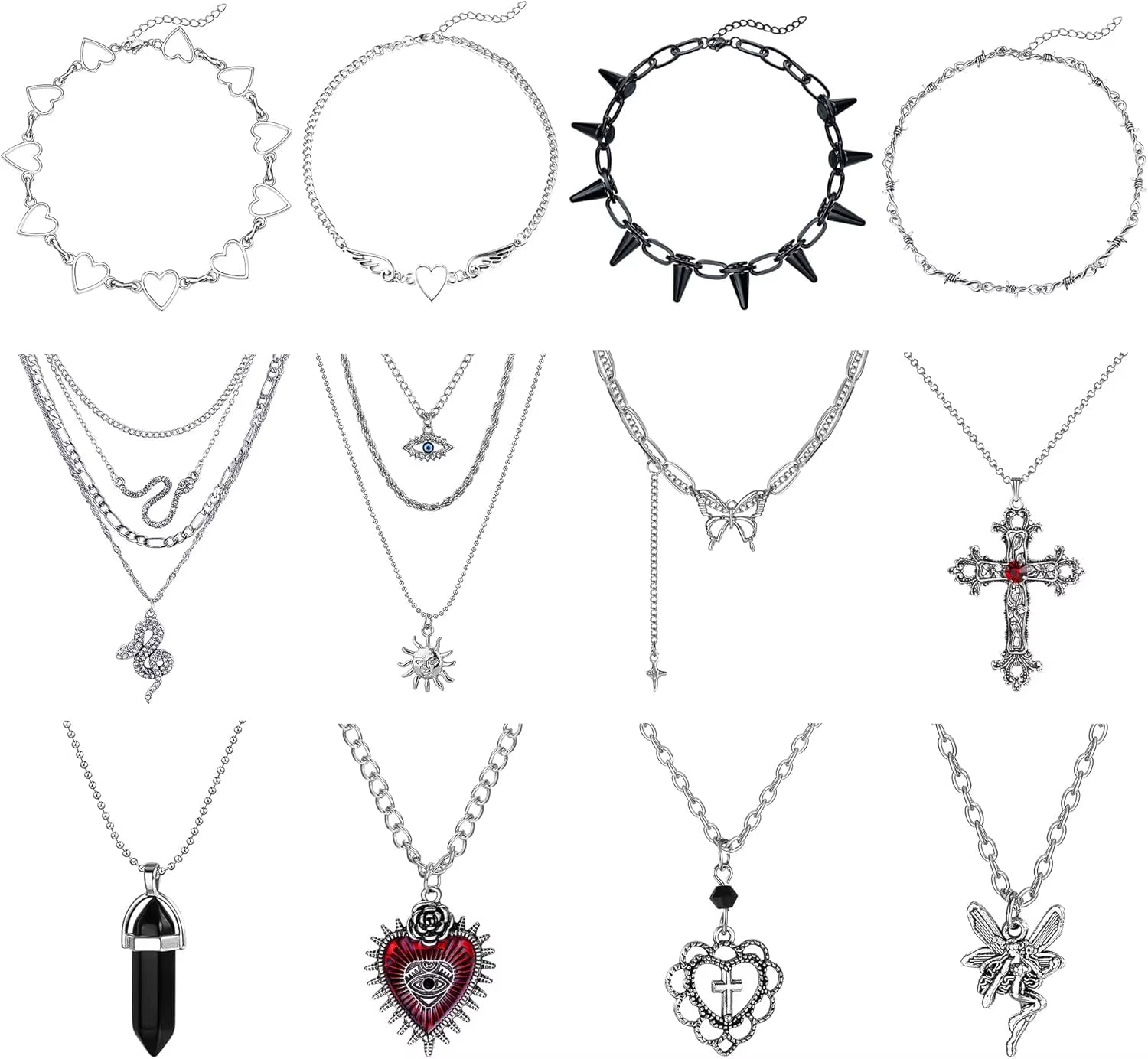 12PCS Gothic Grunge Necklace Set for Women - Cross, Saturn, Thorns, Angel Heart & Wing Chokers for Halloween