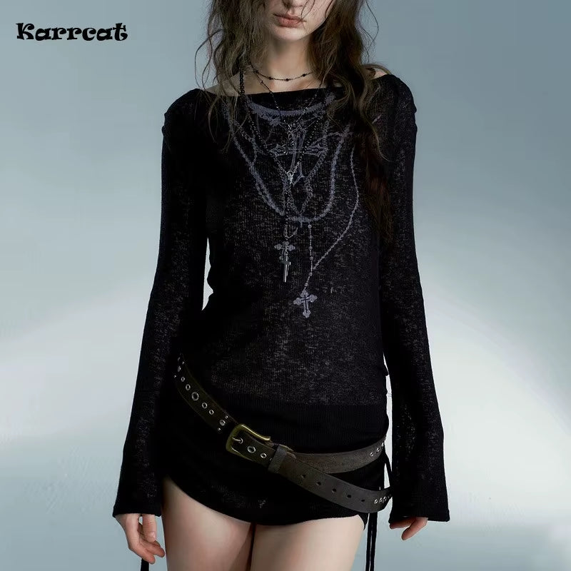 Karrcat Vintage Tattoo Print Grunge Knitted Tee - Wasteland Punk Black Ribbed Gothic Streetwear Top