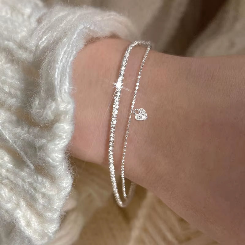 Sparkling Bracelet for Women Double-Deck Silver Color Adjustable Hand Chain Fine Fashion Jewelry Wedding Party Gift Accessories