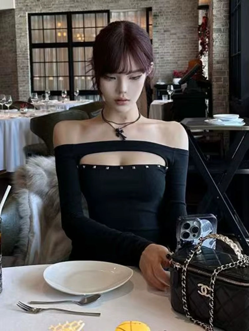 Rivet Hollow Out Women'S T-Shirt Long Sleeve Black 2000S Clothes Y2K Slim Autumn Tops off Shoulder Tees Female Clothing
