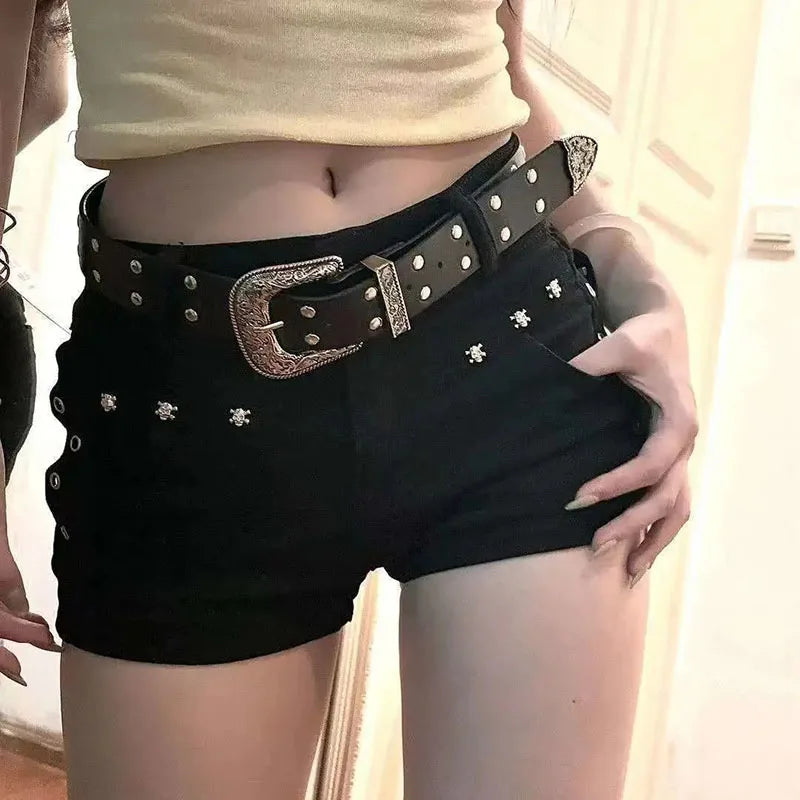 Trendy Black Low Waist Y2K Jean Shorts - Women's Punk Gothic Denim Super Shorts for a Chic Korean Fashion Look