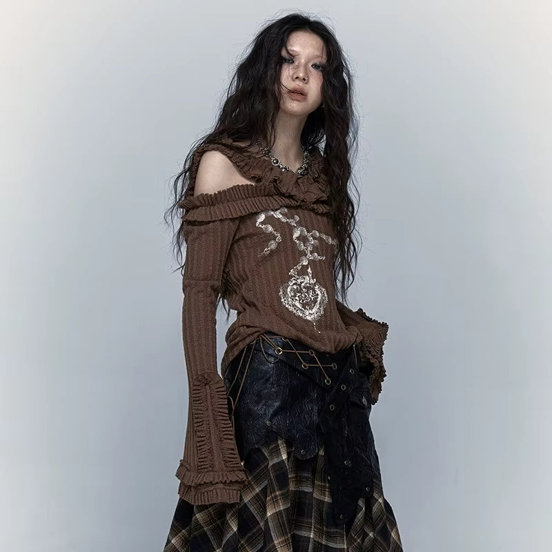 Karrcat Vintage Off-Shoulder Grunge Knitted Tee - Gothic Tattoo Print Wasteland Punk Black Ribbed Top