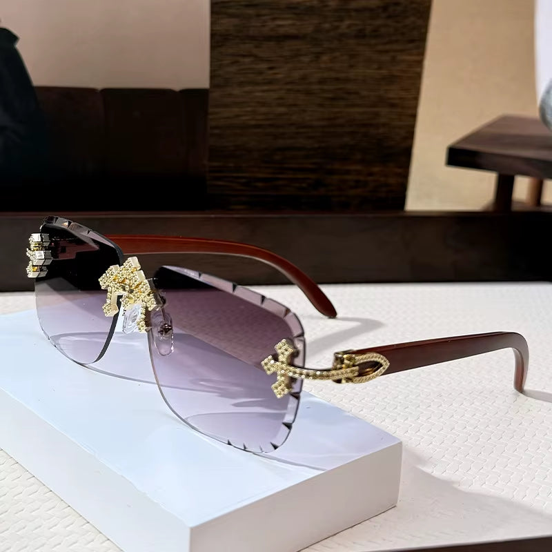 Vintage Rimless Square Cutting Lens Sunglasses Women for Men Luxury Brand Designer Popular Punk Fashion Diamond Cross Sun Glass