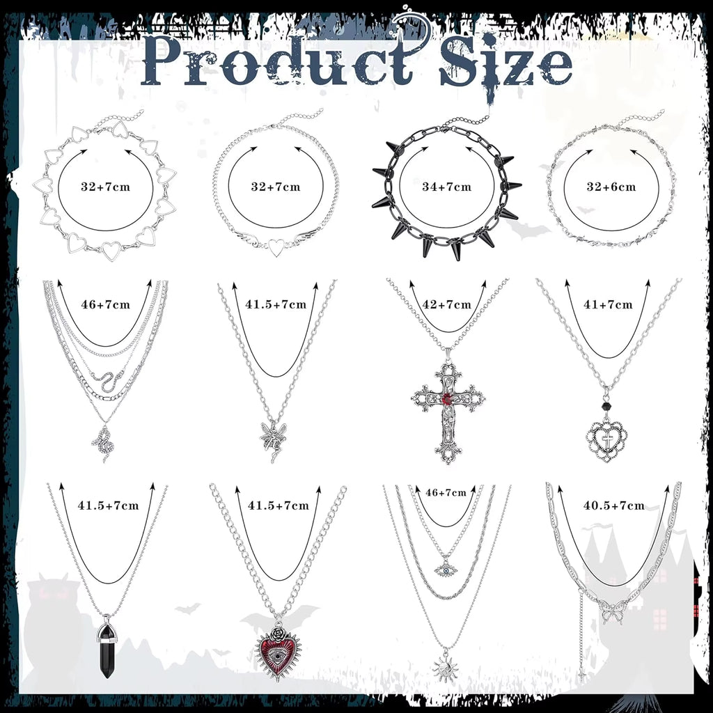 12PCS Gothic Grunge Necklace Set for Women - Cross, Saturn, Thorns, Angel Heart & Wing Chokers for Halloween