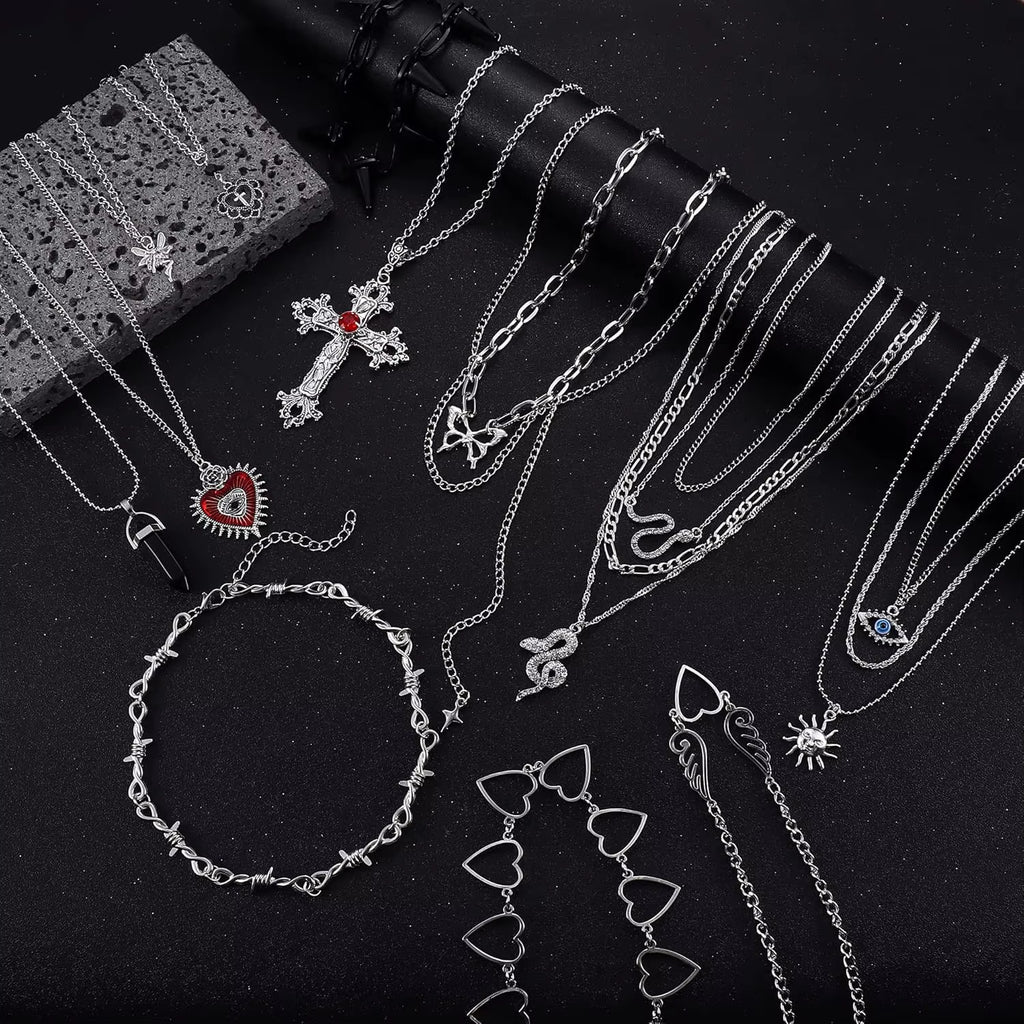 12PCS Gothic Grunge Necklace Set for Women - Cross, Saturn, Thorns, Angel Heart & Wing Chokers for Halloween