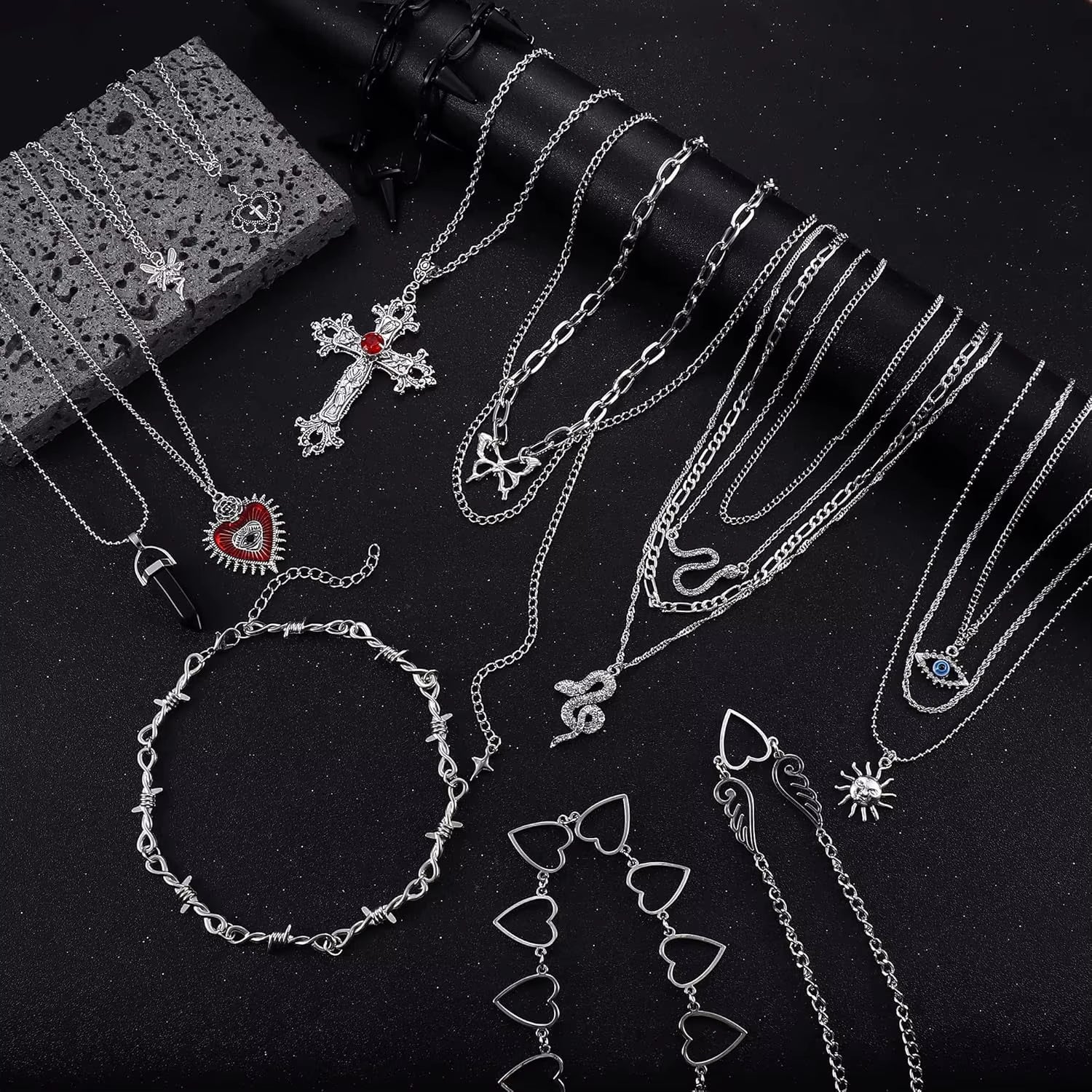 12PCS Gothic Grunge Necklace Set for Women - Cross, Saturn, Thorns, Angel Heart & Wing Chokers for Halloween