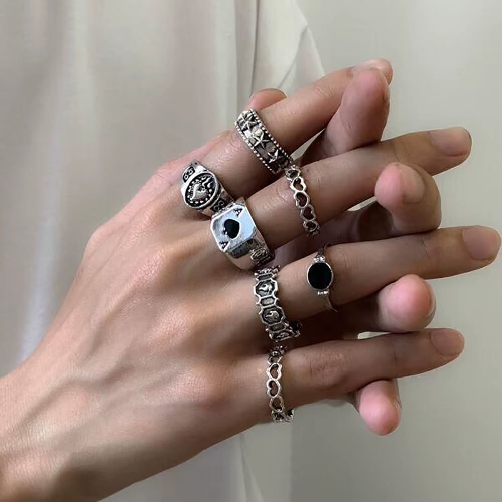 Vintage Gothic Butterfly Poker Sword Multi Element Ring Set for Women European and American Retro Personality Finger Ring Gifts