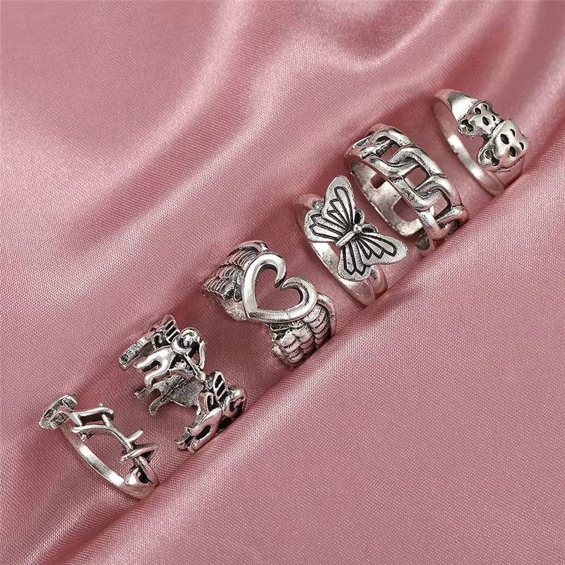 Vintage Gothic Butterfly Poker Sword Multi Element Ring Set for Women European and American Retro Personality Finger Ring Gifts