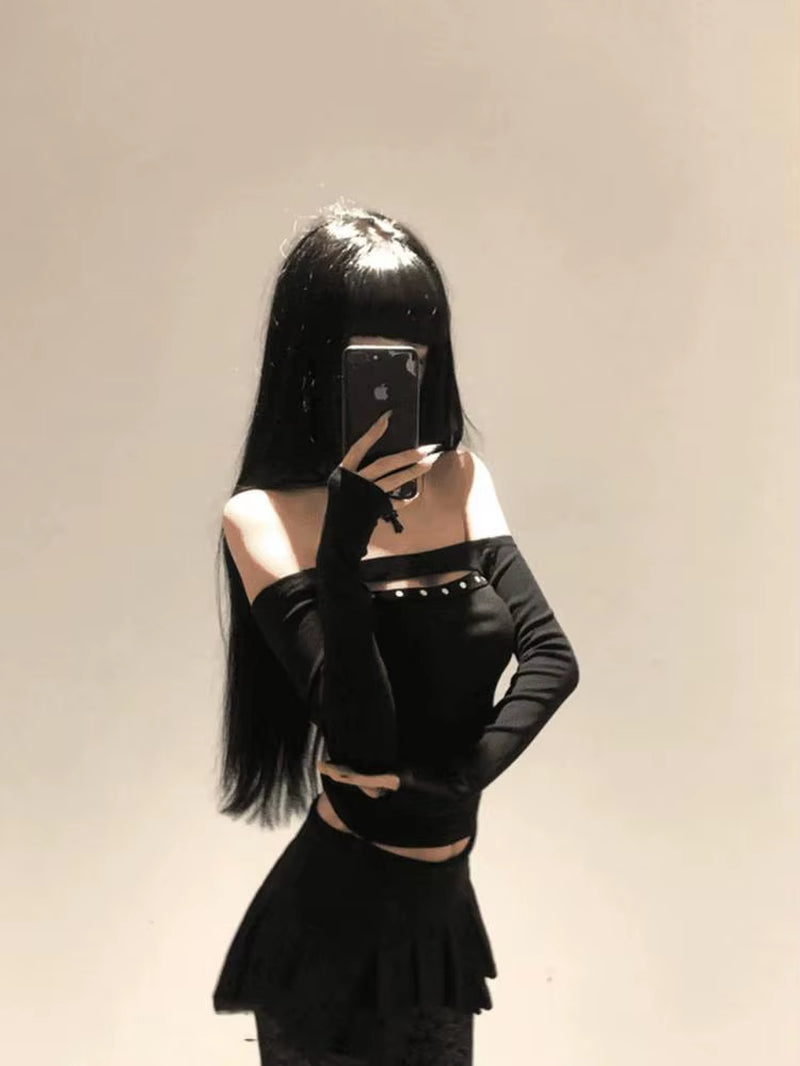 Rivet Hollow Out Women'S T-Shirt Long Sleeve Black 2000S Clothes Y2K Slim Autumn Tops off Shoulder Tees Female Clothing