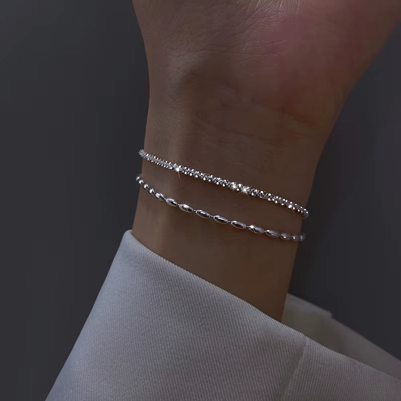 Sparkling Bracelet for Women Double-Deck Silver Color Adjustable Hand Chain Fine Fashion Jewelry Wedding Party Gift Accessories