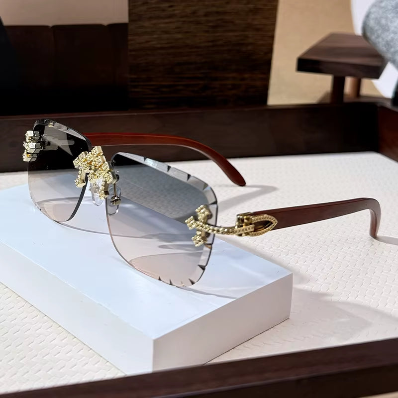 Vintage Rimless Square Cutting Lens Sunglasses Women for Men Luxury Brand Designer Popular Punk Fashion Diamond Cross Sun Glass