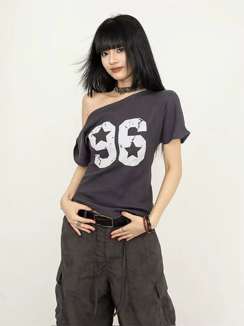 Streetwear Oversized T-Shirt Summer Vintage Print Casual Off-Shoulder Loose Short Sleeve Tee Shirts Y2K Aesthetic Women Clothing