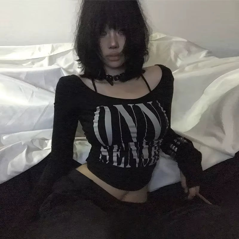 Karrcat Grunge Aesthetics Letter Print Crop Top Trashy Y2K Style Long Sleeve T-Shirt Gothic Black Irregular Tops Vintage Punk