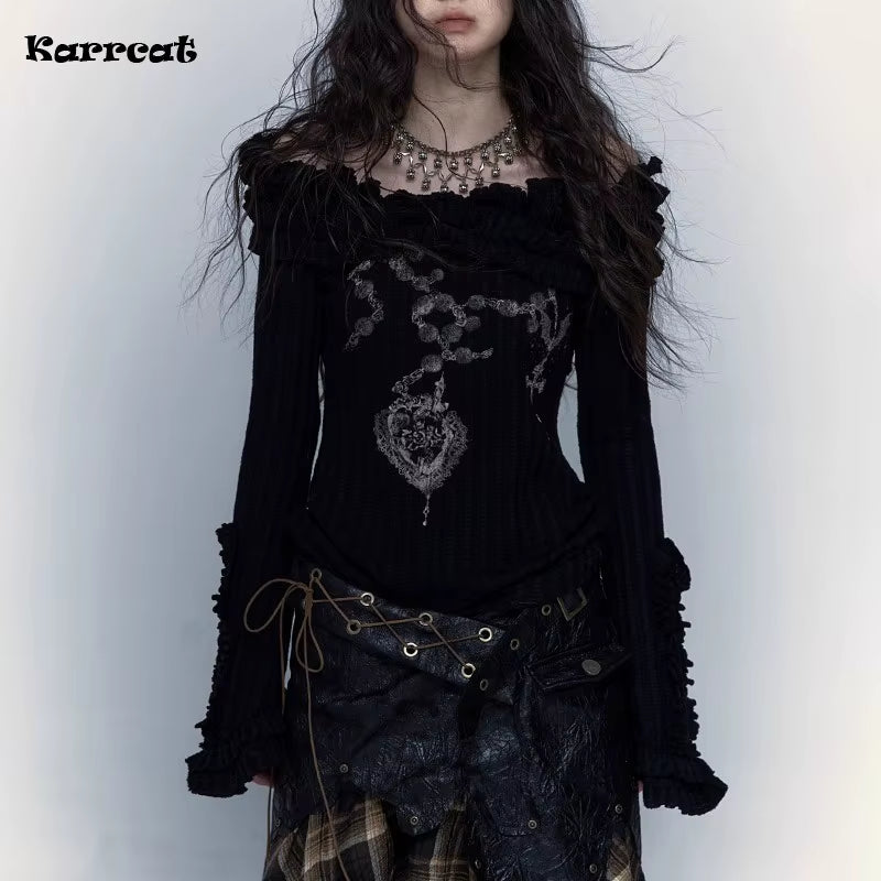 Karrcat Vintage Off-Shoulder Grunge Knitted Tee - Gothic Tattoo Print Wasteland Punk Black Ribbed Top