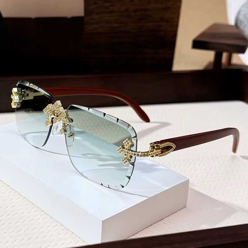 Vintage Rimless Square Cutting Lens Sunglasses Women for Men Luxury Brand Designer Popular Punk Fashion Diamond Cross Sun Glass