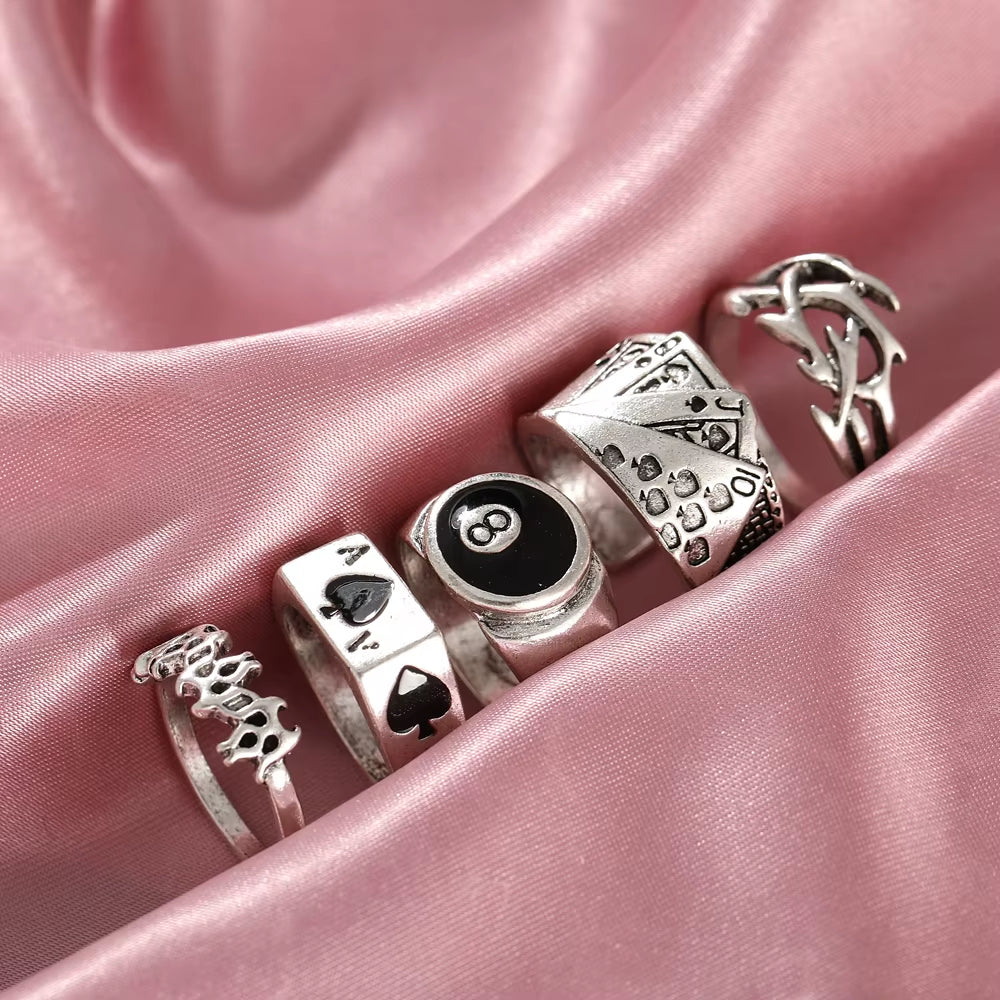 Vintage Gothic Butterfly Poker Sword Multi Element Ring Set for Women European and American Retro Personality Finger Ring Gifts