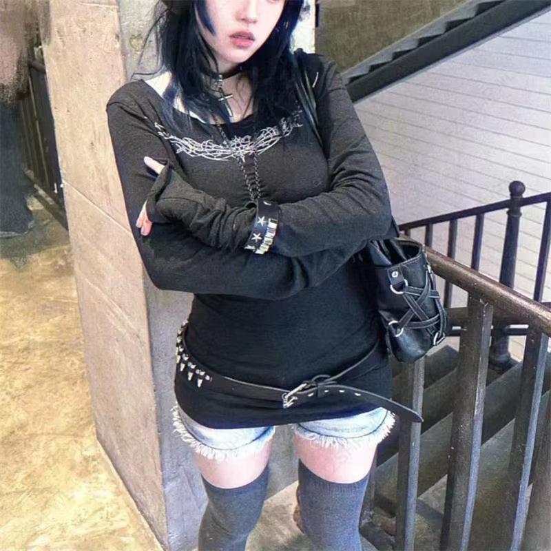 Goth Aesthetic Geometric Print Women'S Long Sleeve T-Shirt Sexy Slim Chic Casual Crop Tee Punk Rock Hip Hop Emo Girls Streetwear