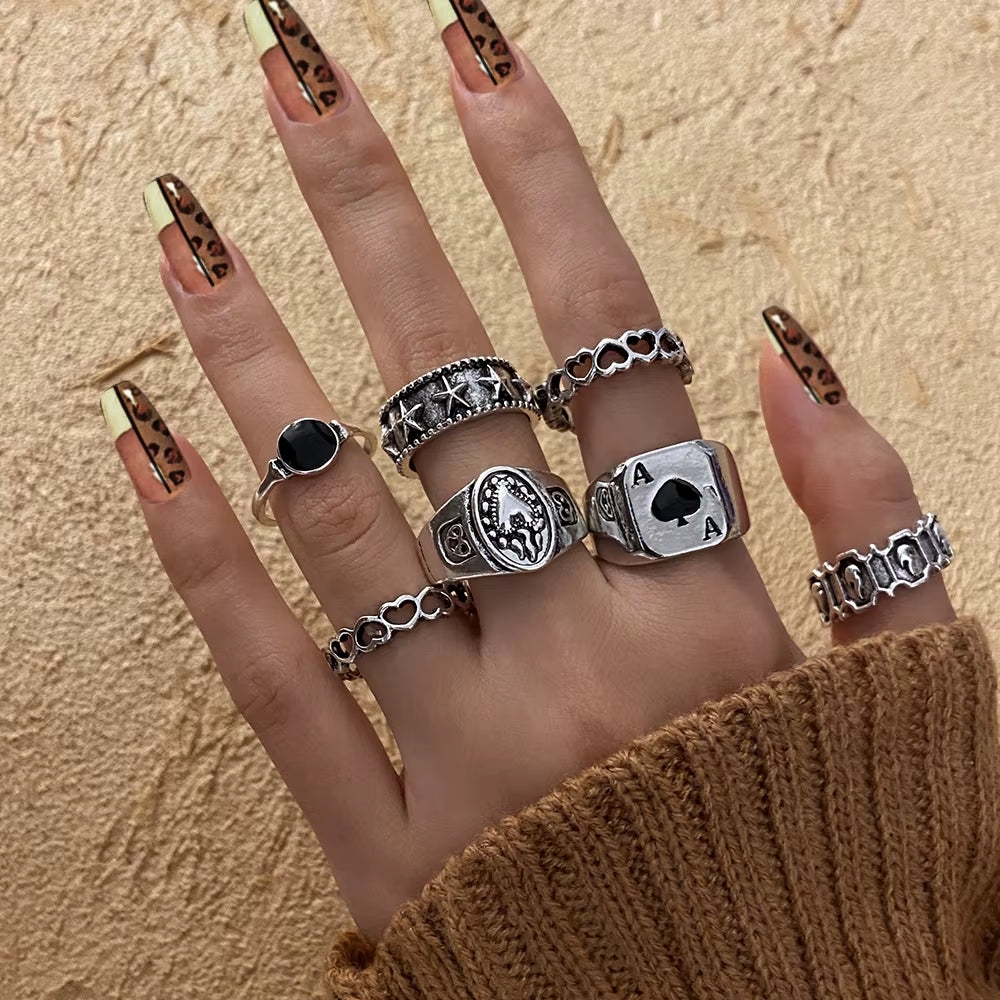 Vintage Gothic Butterfly Poker Sword Multi Element Ring Set for Women European and American Retro Personality Finger Ring Gifts