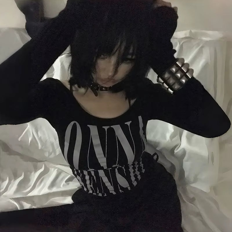 Karrcat Grunge Aesthetics Letter Print Crop Top Trashy Y2K Style Long Sleeve T-Shirt Gothic Black Irregular Tops Vintage Punk