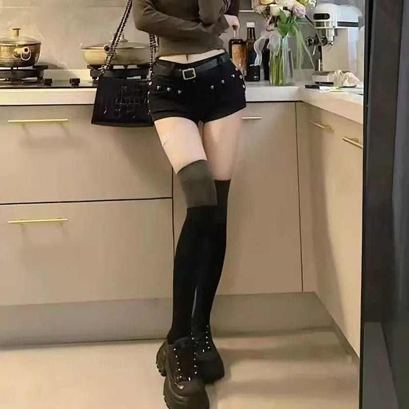 Trendy Black Low Waist Y2K Jean Shorts - Women's Punk Gothic Denim Super Shorts for a Chic Korean Fashion Look