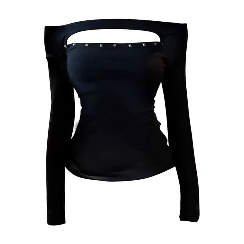 Rivet Hollow Out Women'S T-Shirt Long Sleeve Black 2000S Clothes Y2K Slim Autumn Tops off Shoulder Tees Female Clothing