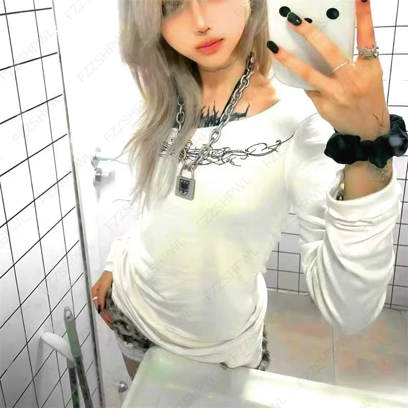 Goth Aesthetic Geometric Print Women'S Long Sleeve T-Shirt Sexy Slim Chic Casual Crop Tee Punk Rock Hip Hop Emo Girls Streetwear