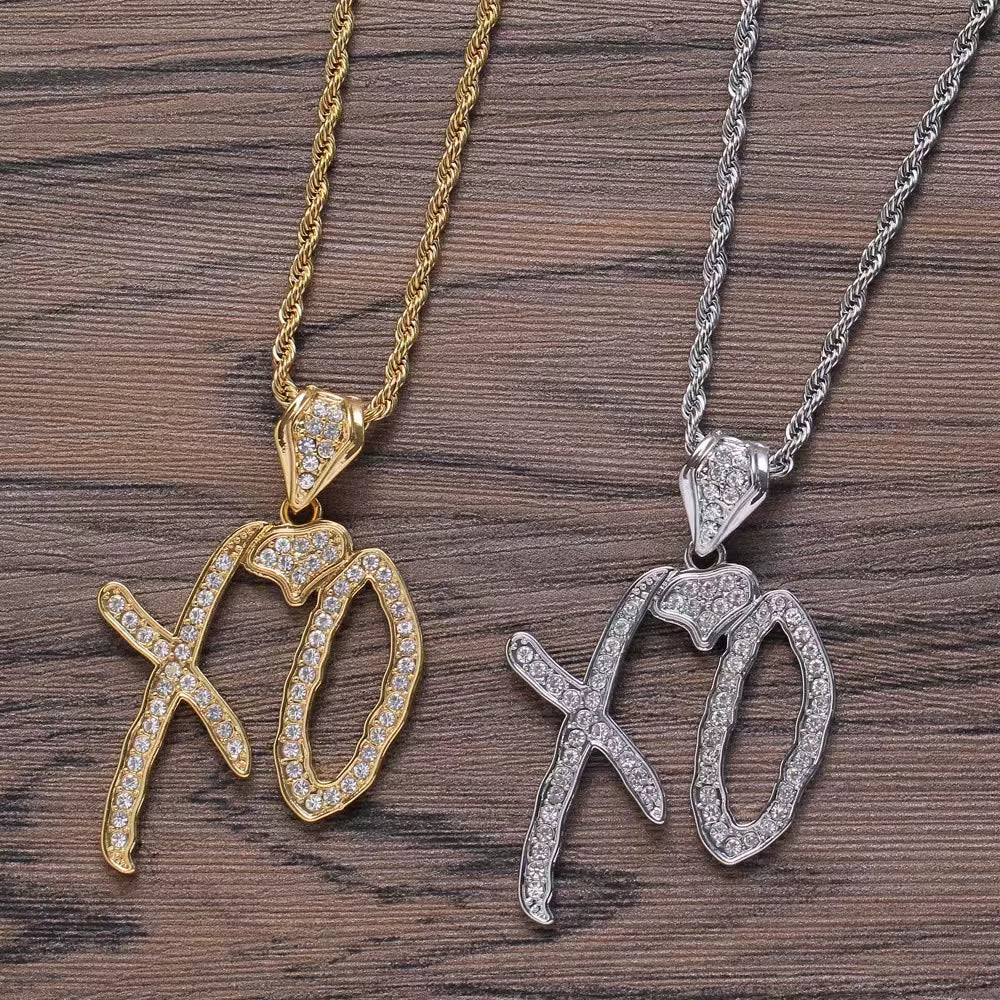 Exquisite Creative Bubble Letter Xo Inlaid White Zircon Pendant Necklace Men'S Fashion Casual Party Jewelry Holiday Gifts