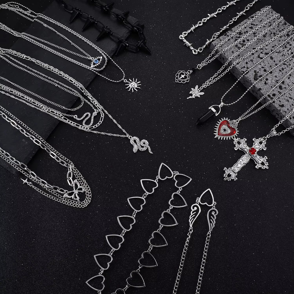 12PCS Gothic Grunge Necklace Set for Women - Cross, Saturn, Thorns, Angel Heart & Wing Chokers for Halloween