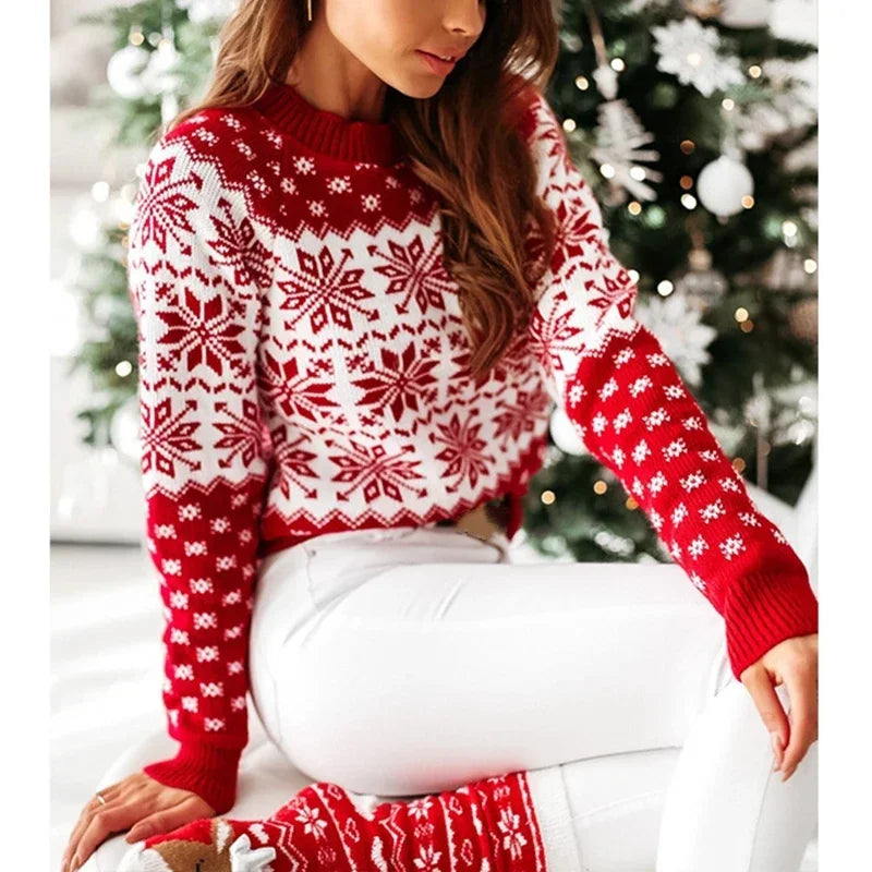 2025 Winter Women Christmas Sweater Snowflak Print Knitted Jumpers Full Sleeve Knitwear Casual Soft Jacquard Pullover Xmas Look