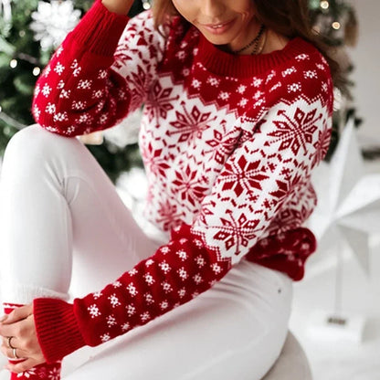2025 Winter Women Christmas Sweater Snowflak Print Knitted Jumpers Full Sleeve Knitwear Casual Soft Jacquard Pullover Xmas Look
