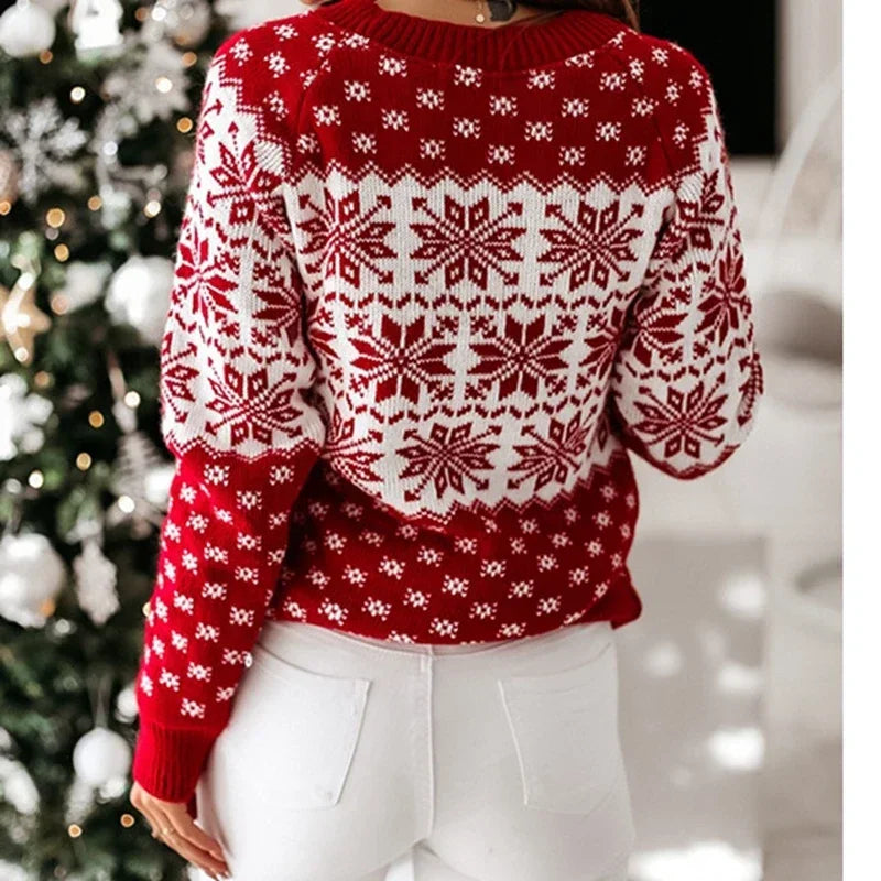 2025 Winter Women Christmas Sweater Snowflak Print Knitted Jumpers Full Sleeve Knitwear Casual Soft Jacquard Pullover Xmas Look