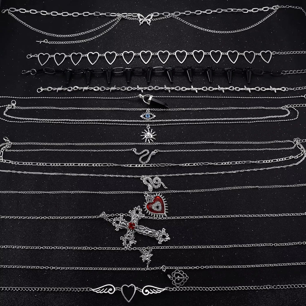 12PCS Gothic Grunge Necklace Set for Women - Cross, Saturn, Thorns, Angel Heart & Wing Chokers for Halloween