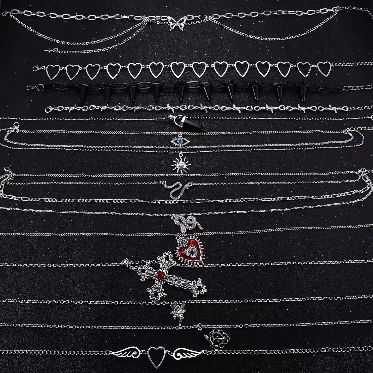 12PCS Gothic Grunge Necklace Set for Women - Cross, Saturn, Thorns, Angel Heart & Wing Chokers for Halloween