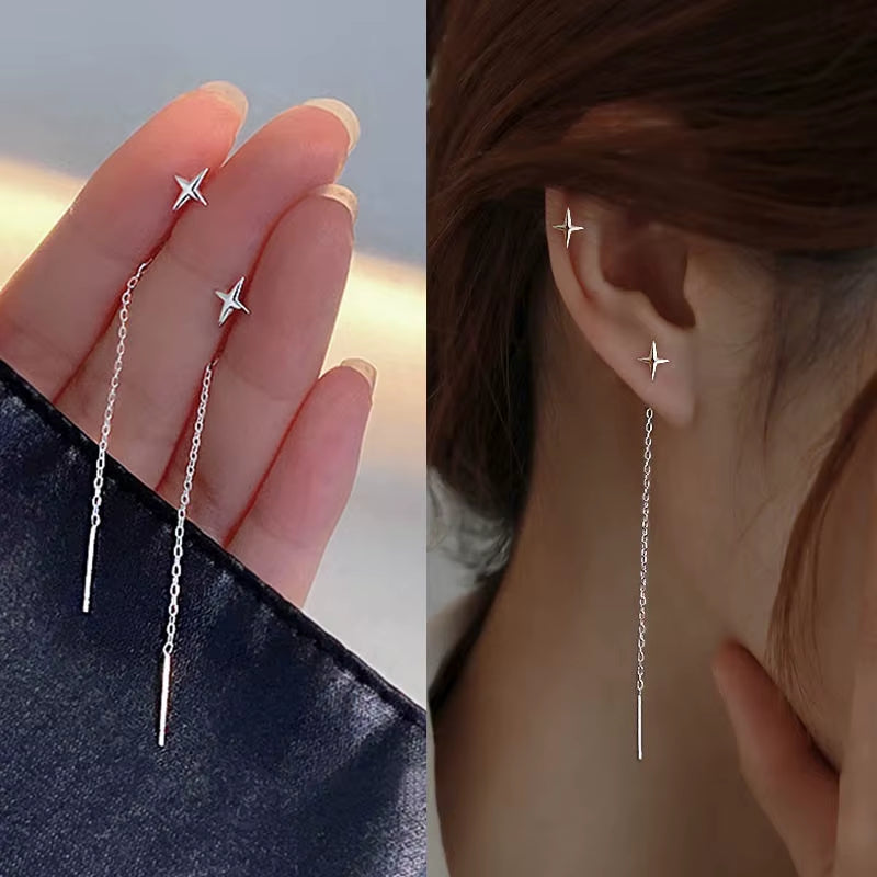 2024 Trendy Long Wire Tassel Thread Chain Climb Star Heart Beads Pendants Drop Earrings Women'S Rhinestone Accessories Jewelry