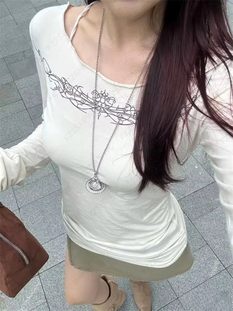 Goth Aesthetic Geometric Print Women'S Long Sleeve T-Shirt Sexy Slim Chic Casual Crop Tee Punk Rock Hip Hop Emo Girls Streetwear