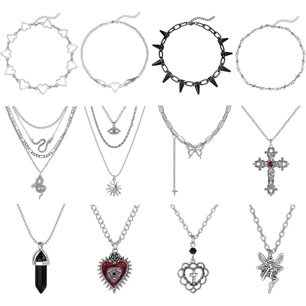 12PCS Gothic Grunge Necklace Set for Women - Cross, Saturn, Thorns, Angel Heart & Wing Chokers for Halloween